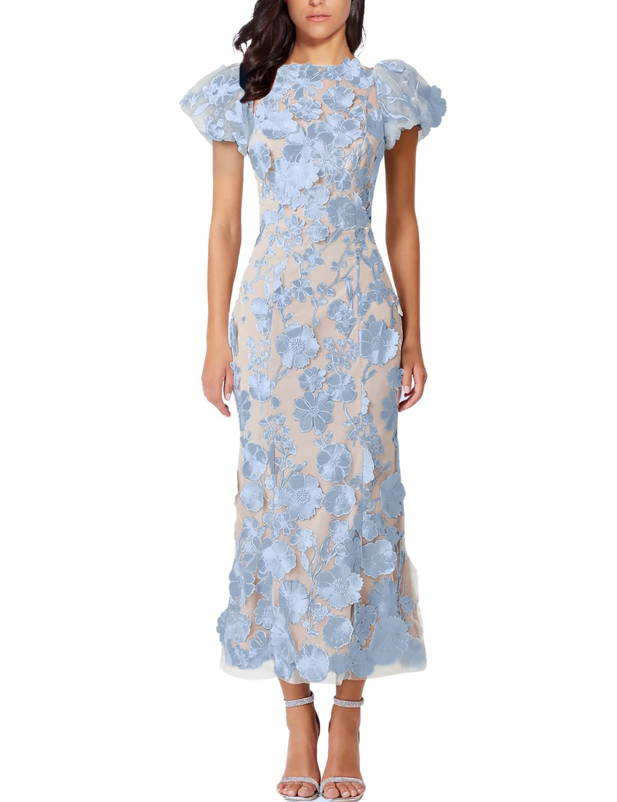 Women's 3d Floral Embroidery Dress Ruffle Sleeve Fishtail Lace