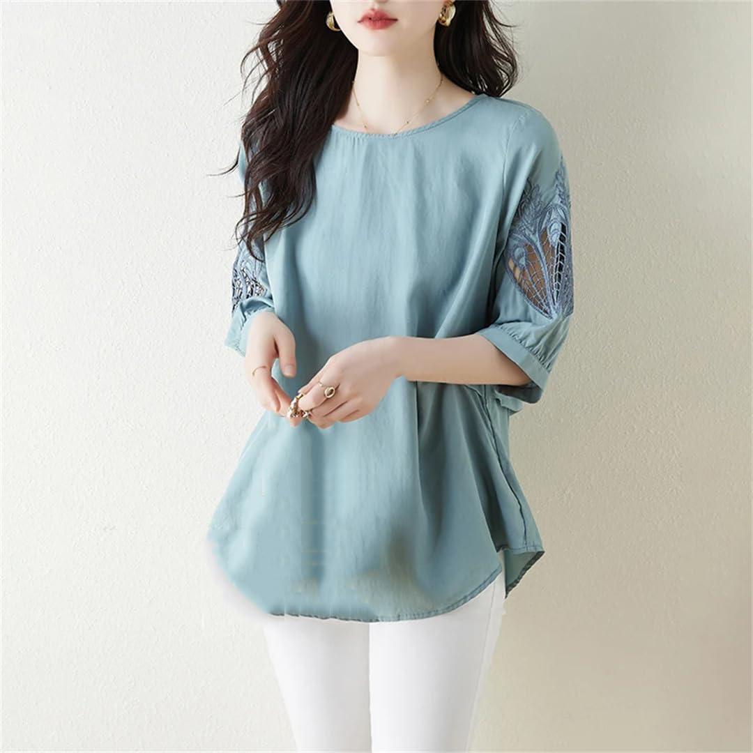 T-shirt d'été uni à col rond pour femme - T-shirt ample et irrégulier