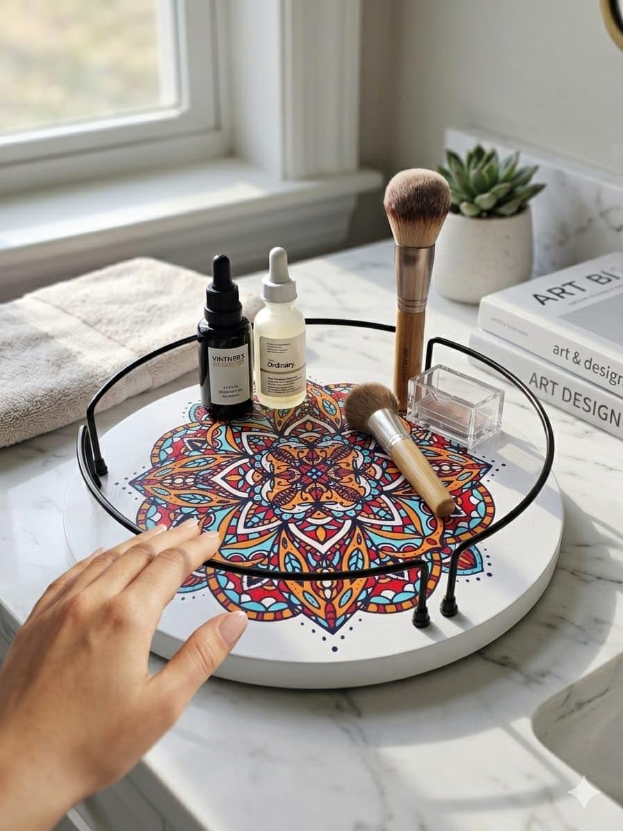 appeasy Round Lazy Susan Turntable with Mandala Design, Smooth 360° Rotation, Easy Access Wire Rim, Kitchen Organiser (10.5 inch Dia)-image-2