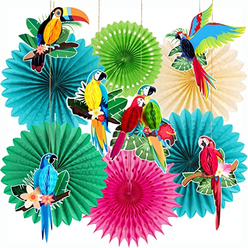 SUNBEAUTY Lot de 12 décorations de fête hawaïenne, contient 6 éventails en papier, 6 décorations avec motifs d'oiseaux tropicaux, guirlande à suspendre,...