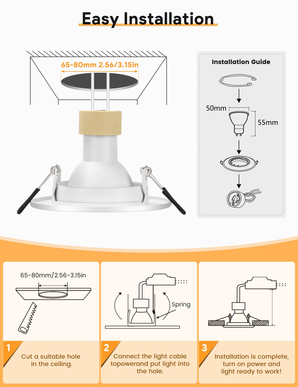 Set de Spots Encastrables GU10, Lot de 10 Cadres Ronds Blancs, Avec Douille Céramique, Pour LED, AC 230V Ø 68mm, Orientable 30°, Cadre de Montage Pour Plafond