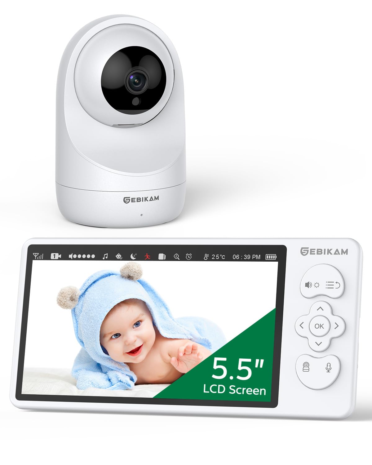 Sebikam Video Babyphone mit Kamera Größerer 5,5 Zoll HD Bildschirm 720P | Sicher OHNE WLAN/APP | 4000mAh Akku | 355° PTZ, VOX, Nachtsicht, 2-Wege-Audio, Schlaflieder | Für Eltern & Baby