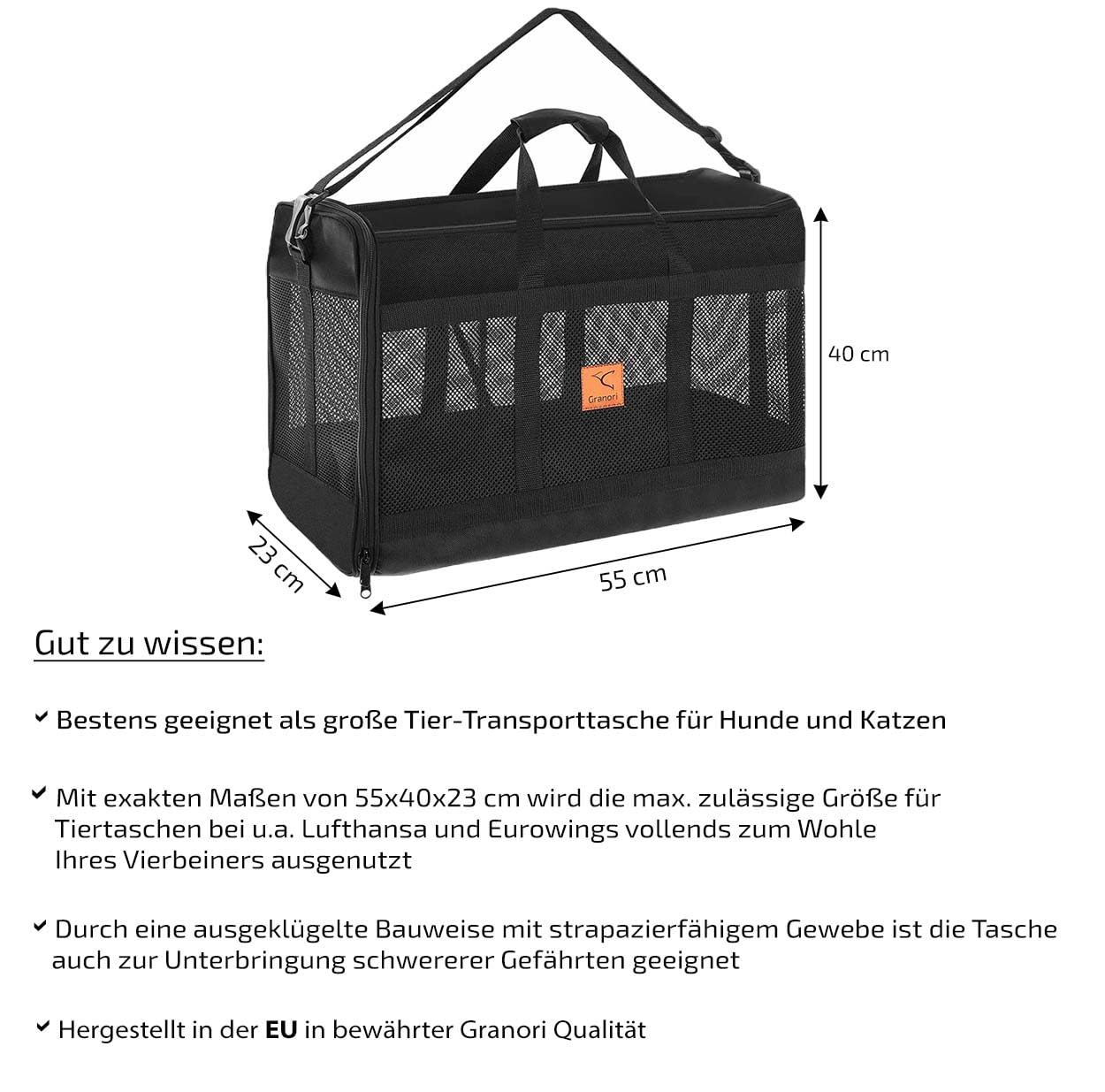 Hundetasche 55x40x23 cm Flugzeug Hundetransporttasche/Hundetragetasche | Leichte Tiertransporttasche für Hund & Katze bis 15 kg | Große Tier Box Tasche für z. B. Eurowings & Lufthansa Flug