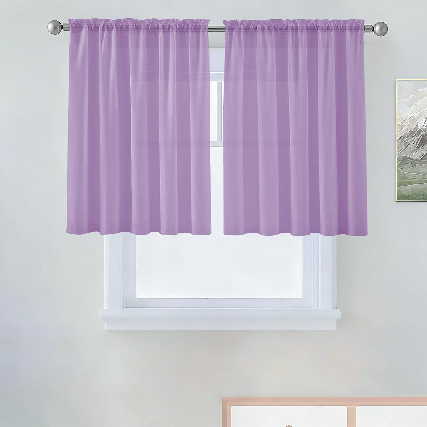 SpaceDresser Basic Rod Pocket Sheer Voile Window Curtain Panels Lavender 1 Pair 2 Panels 52 Width 36 Inch Long for Kitchen Bedroom Children Living Room Yard（Lavender, 52W x 36L）
