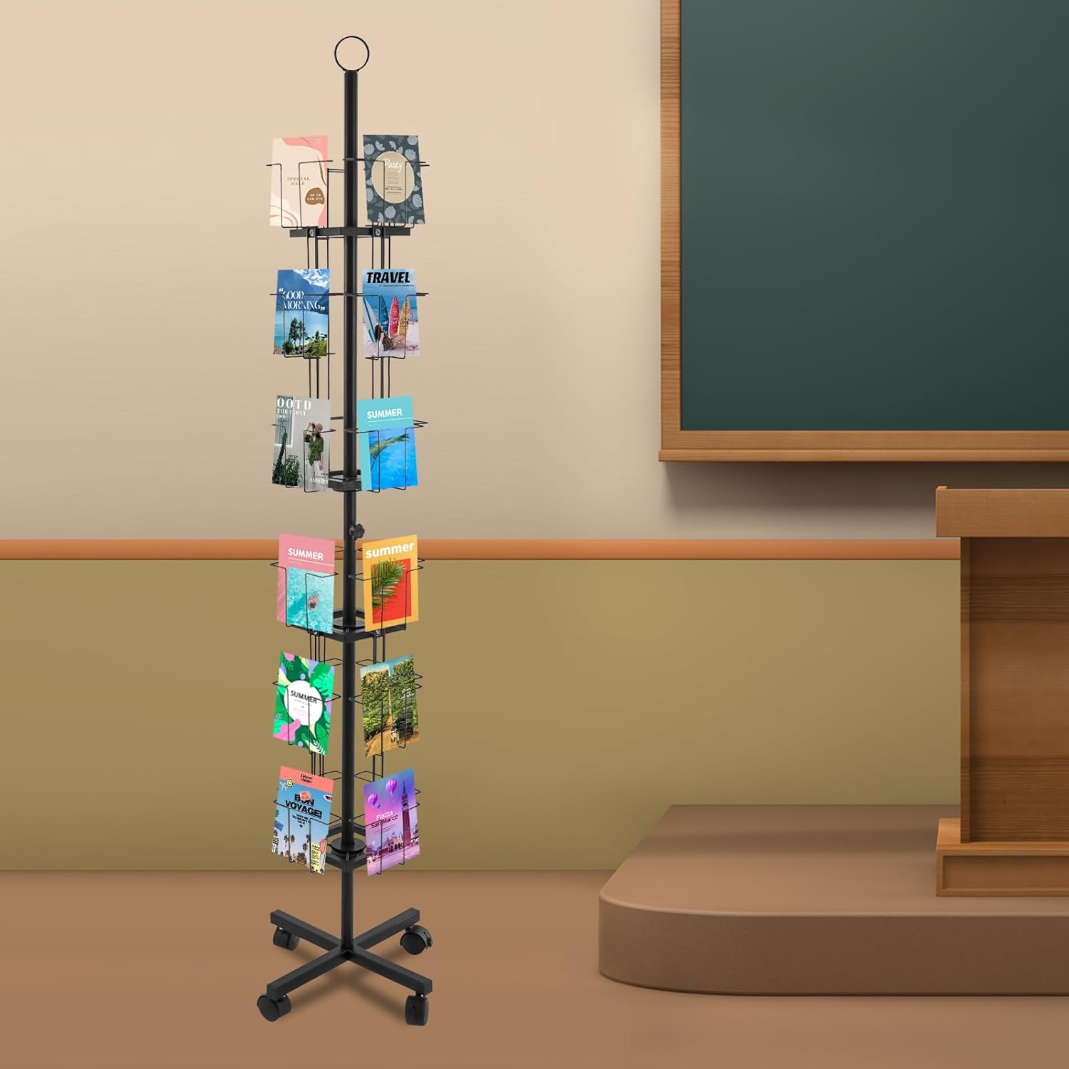 6 Tier Greeting Card Display Stand Rotating Rack Holder, 24 Pockets Display Stand Spinning Floor Stand for Postcard Sticker Retail, Black