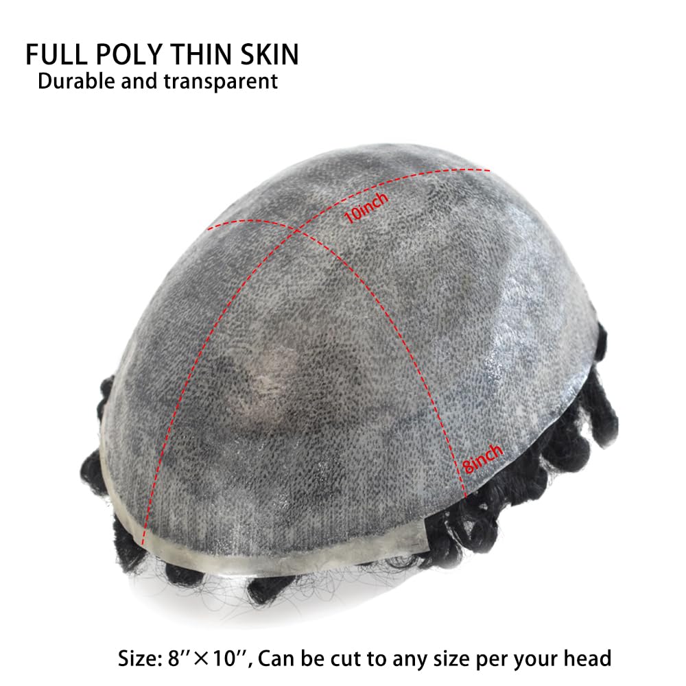 25MM Curly Toupee Durable Full Poly Skin Curl Toupee for Men Human Hair Replacement System Mens Hairpieces and Toupees Capillary Prosthesis (1B# OFF BLACK, 8 * 10-25 MM Wave)