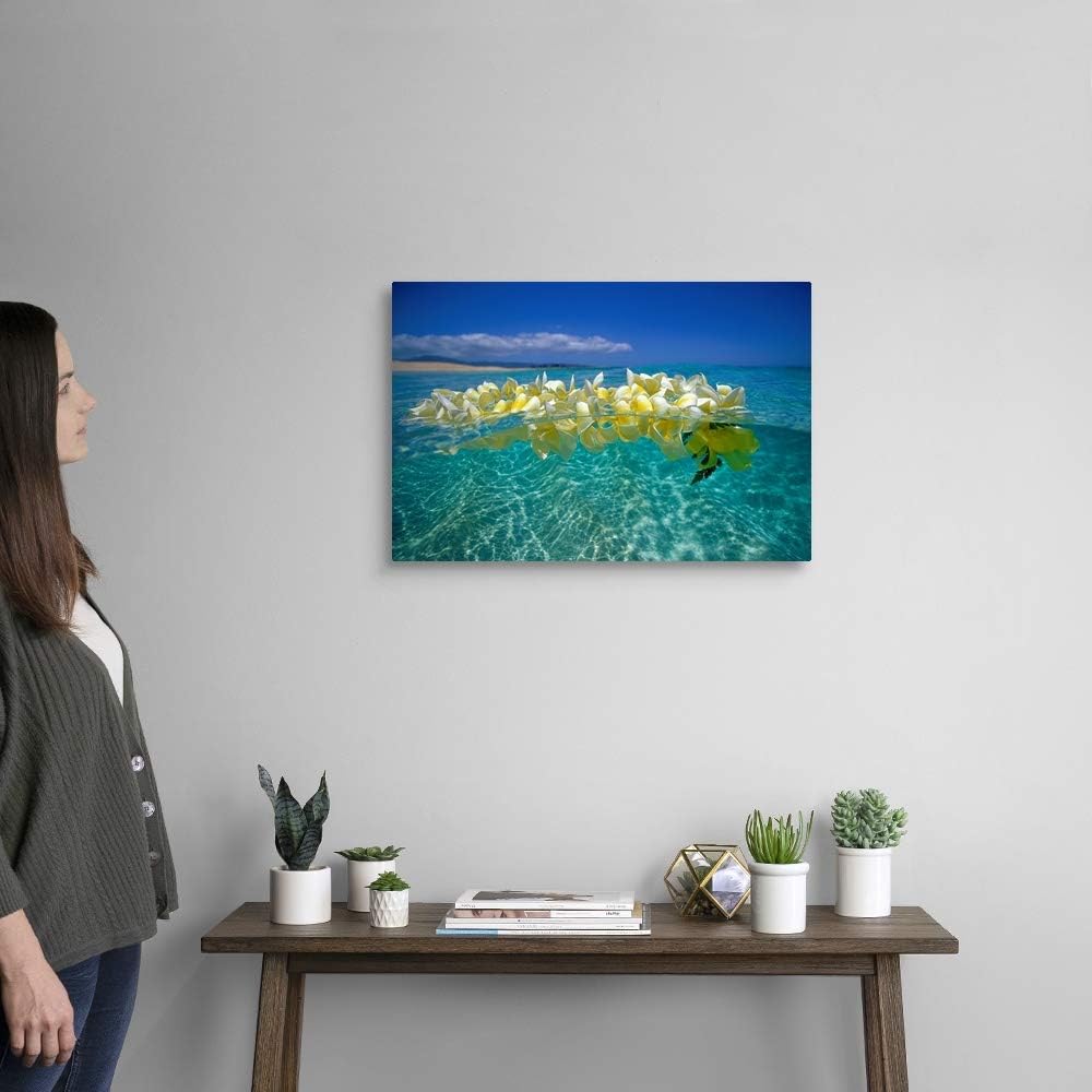 Plumeria Lei Floating On Ocean Surface Canvas Wall Art Print, Hawaii Artwork 24 x 16 inch