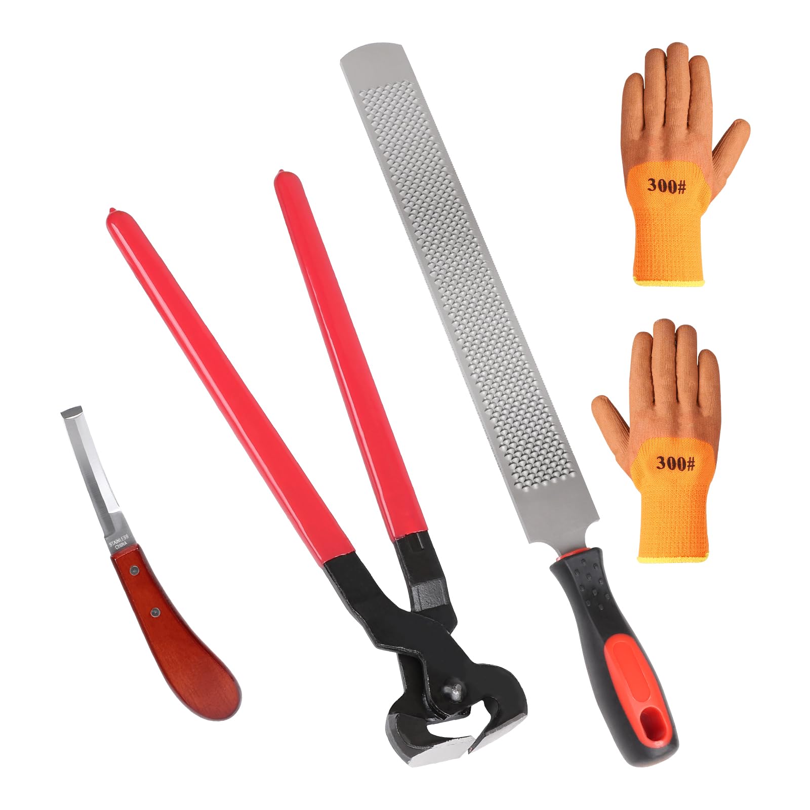LALAGO Kit de Herramientas Profesionales para Recorte de Casco de Caballo de 4 Piezas, Cuchillo para Casco, Cortador de Casco, Raspador de Casco con Mango de Goma, Guantes