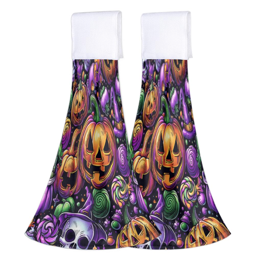 Purple Halloween 2 Pack Hanging Hand Towels Super Absorbent Coral Velvet Fingertip Towels with Loop for Bathroom Kitchen Laundry Room 14x18 Inch