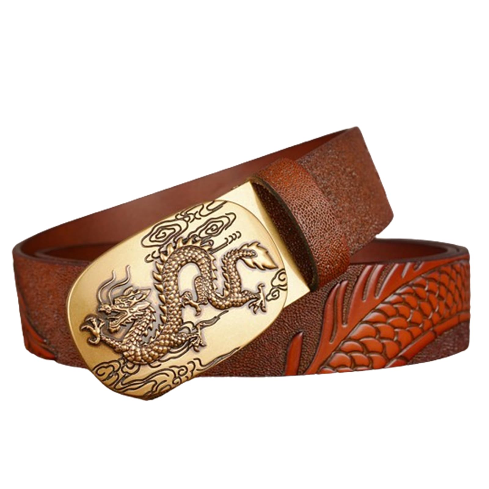 Cinturón De Trinquete para Hombre Hebilla Automática Deslizante Dragon Cinturones De Dragón Tallado En Relieve Longitud 110-130cm Correas De Cuero De Vaca(120cm/47, Brown)