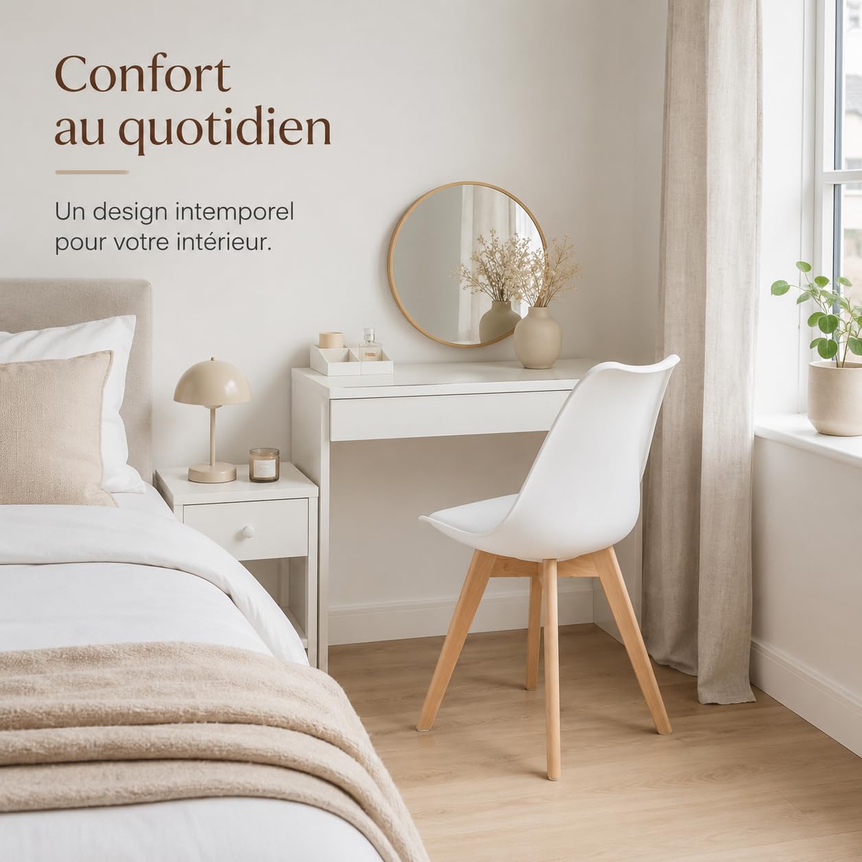 EGGREE 4 Chaises Salle à Manger Scandinaves SGS Tested Lot de 4 Chaises de Cuisine Rétro Rembourrée Chaise de Salle de Bureau, Pieds en Bois de Hêtre Massif, Blanc