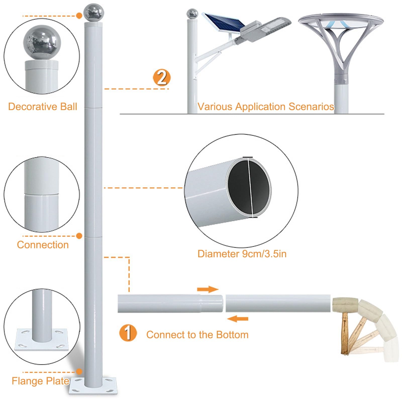 Postes de Luz de 300Cm 400Cm 500Cm 600Cm para Exteriores para Calles Patios Patios Traseros Canchas de Baloncesto y Parques con Varillas de Montaje(White,300cm/10ft)