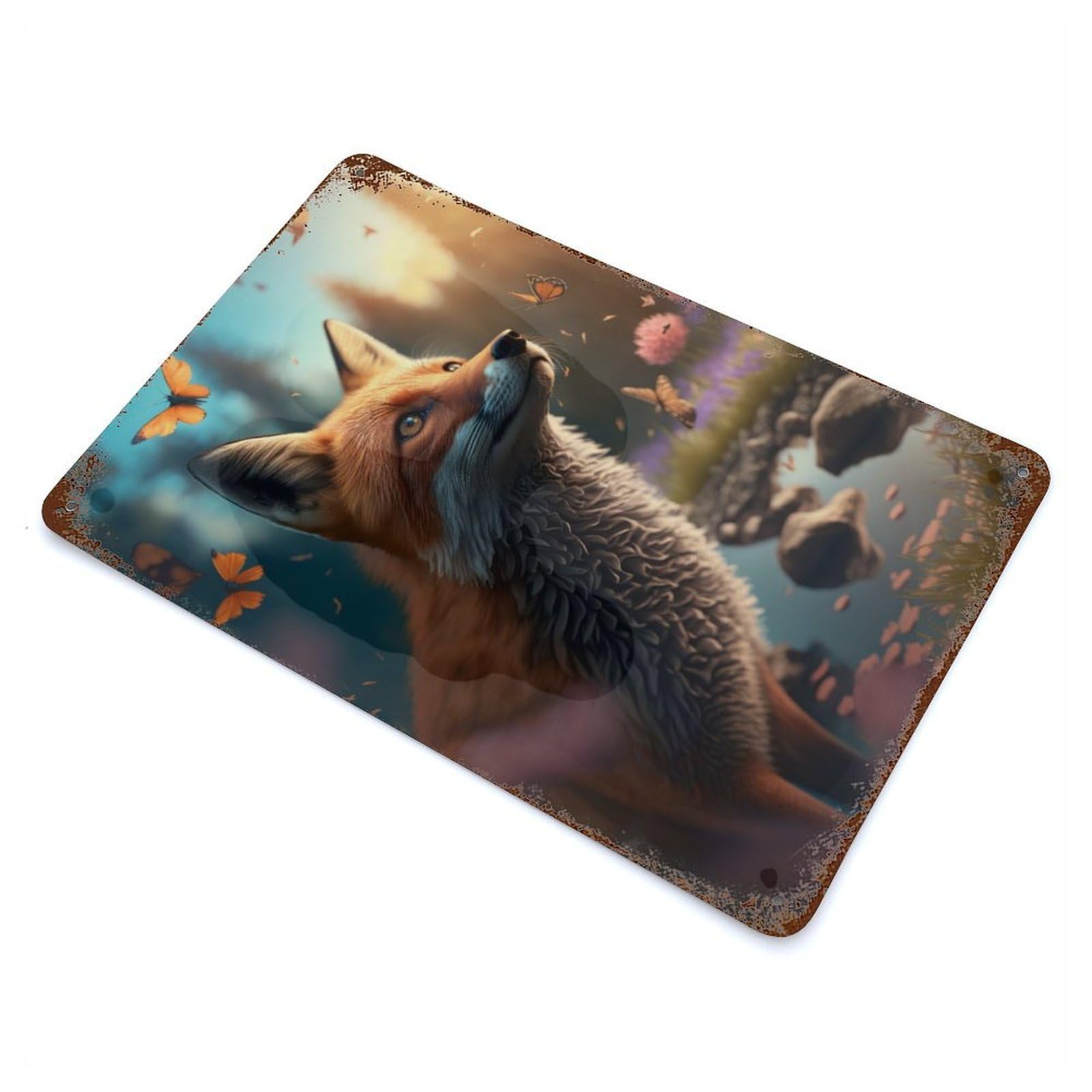 Fox Butterfly Magic 11.8"x7.9" Decorative Tin Sign, Classic Wall Plaque for Cafe, Home Bar And Lounge Decor