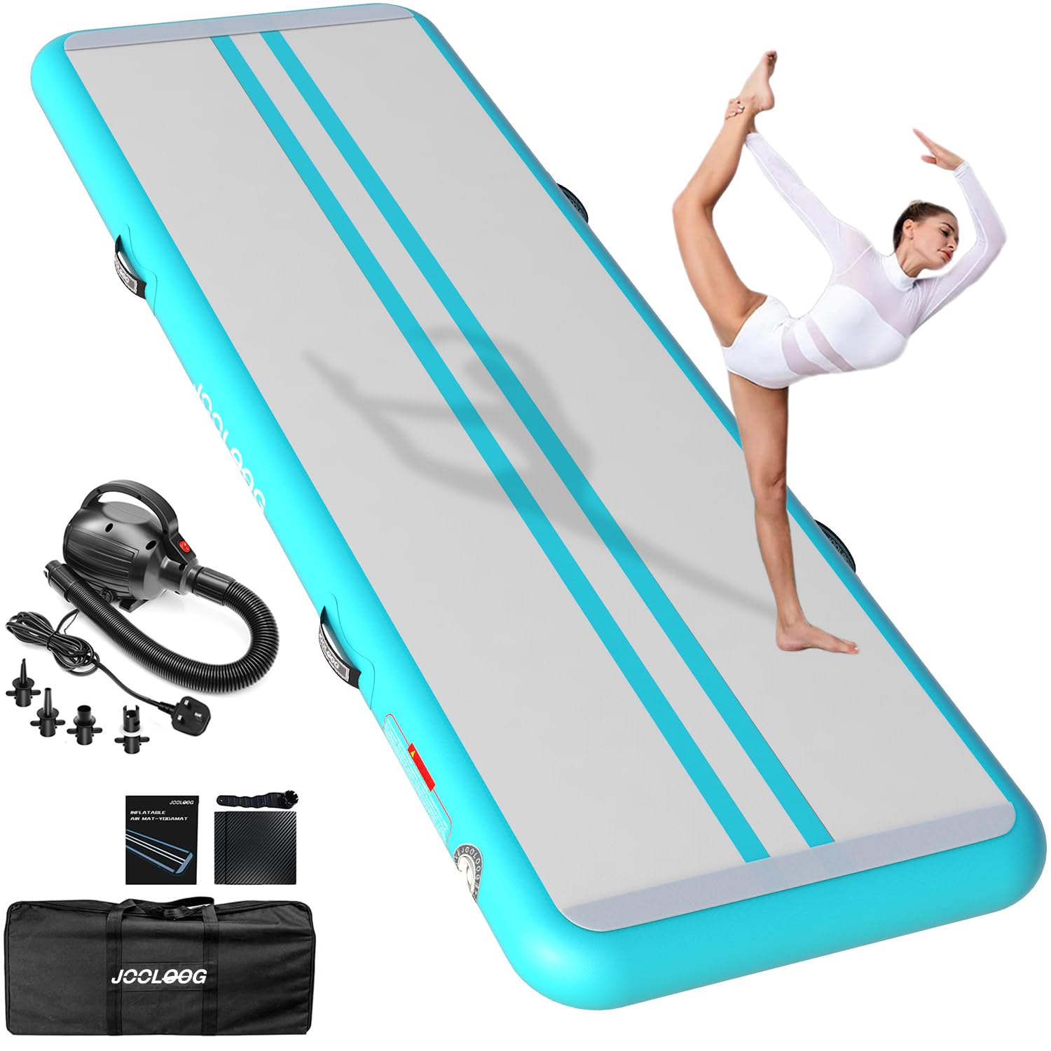 JOOLOOG Premium Inflatable Gymnastics Mat, Air Mat Tumble Track for Home Training, 4/8 Inch Thick Tumbling Mat with Pump Indoor Gymnastics Tumbling & Yoga,Water,Green, 10ft*3.3ft*4in