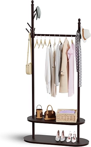 Perchero independiente con estante con 8 ganchos, perchero para ropa, bolsassombreros, fácil de montar colgador sin herramientas, ahorra espacio