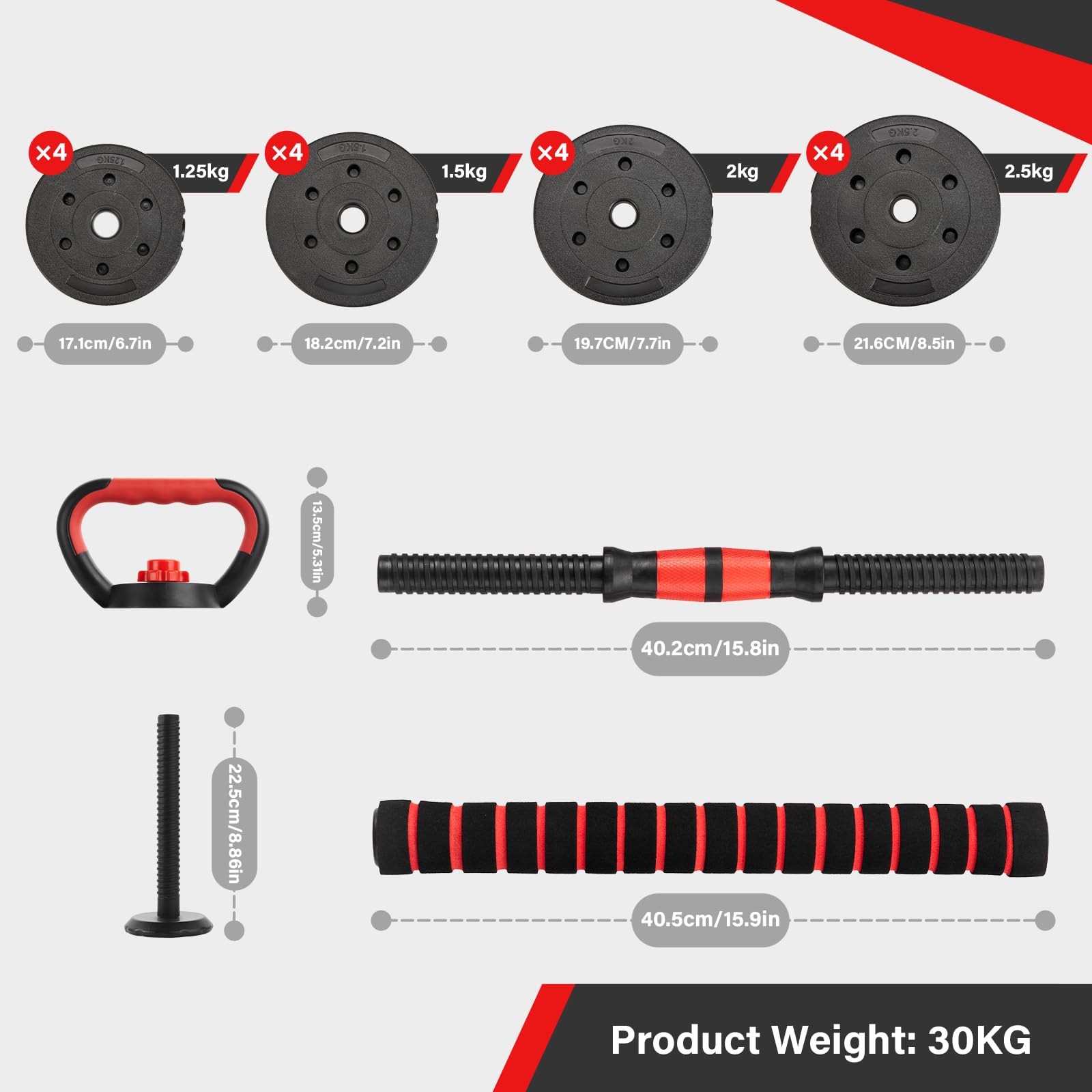 TEENO Kit Completo per Muscolazione 15 kg, 20 kg, 30 kg con Kettlebell, Manubri, Barre e Supporti per Flessioni, Ideale per il Fitness Domestico