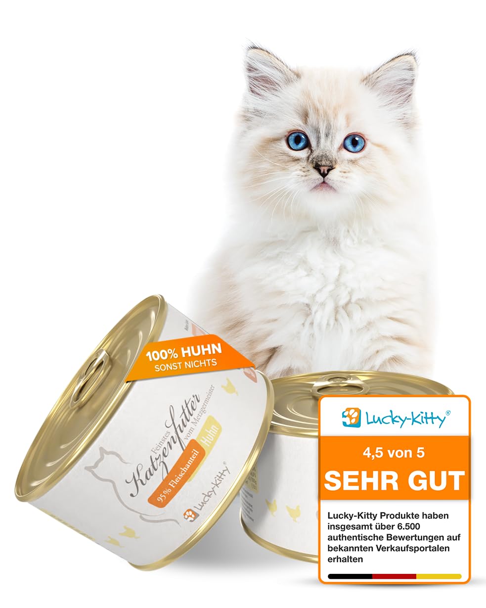Lucky-Kitty Katzenfutter Nass Huhn, 95% Fleisch, Monoprotein, 16x200g | Ohne Getreide & Zucker, Lebensmittelqualität, Für Katzen & Kitten, Made in Germany