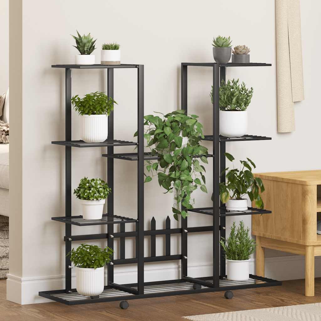Ogrodnik z kołami 94,5x24,5x91,5 cm Czarne Żelazo | Żelazny stojak na rośliny, stabilny, ruchomy, do wnętrz