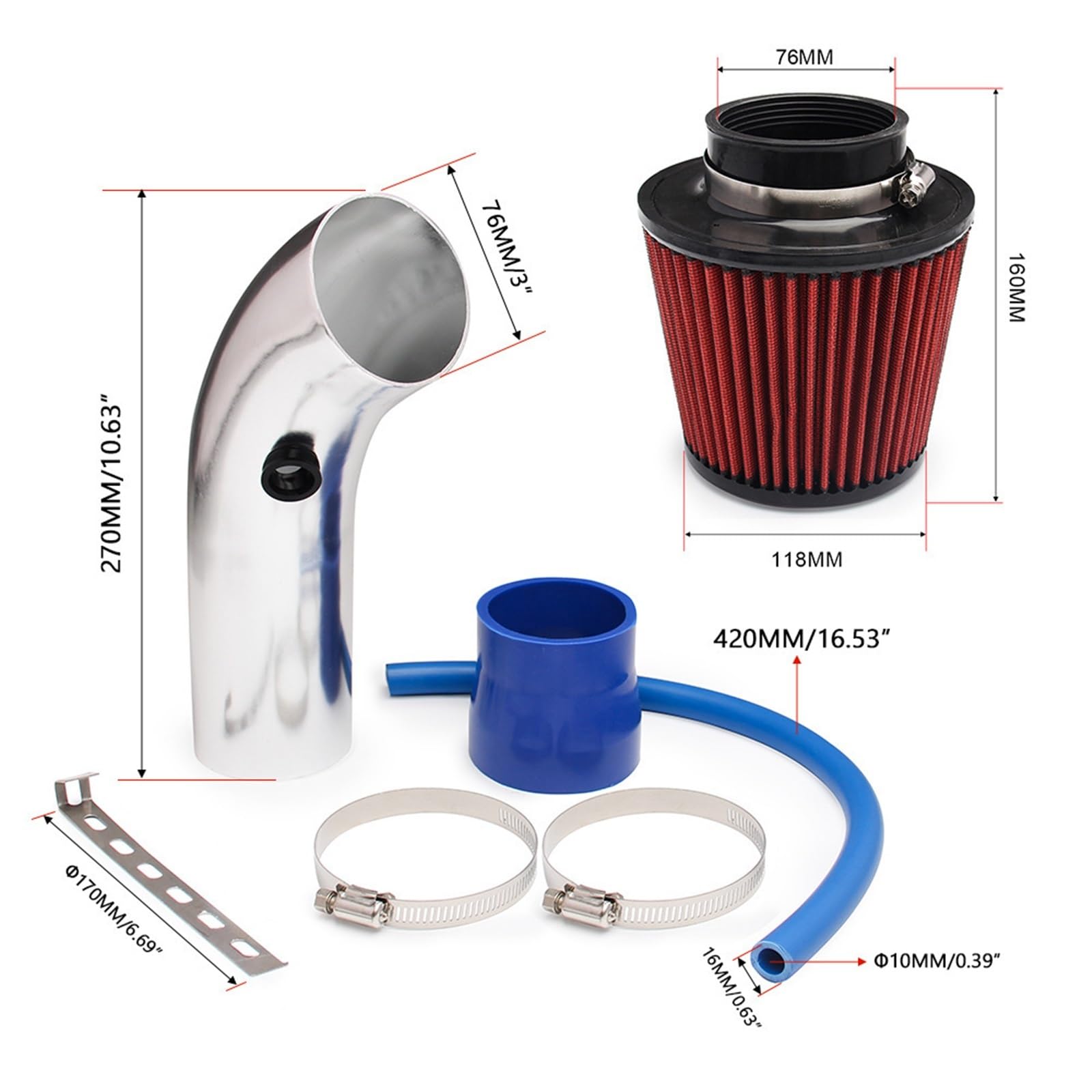 Wlot zimnego powietrza Zestaw rur dolotowych zimnego powietrza 3" i filtr 76 mm, aluminiowy wąż dolotowy do turbosprężarki samochodowej(Air intake Pipe2)