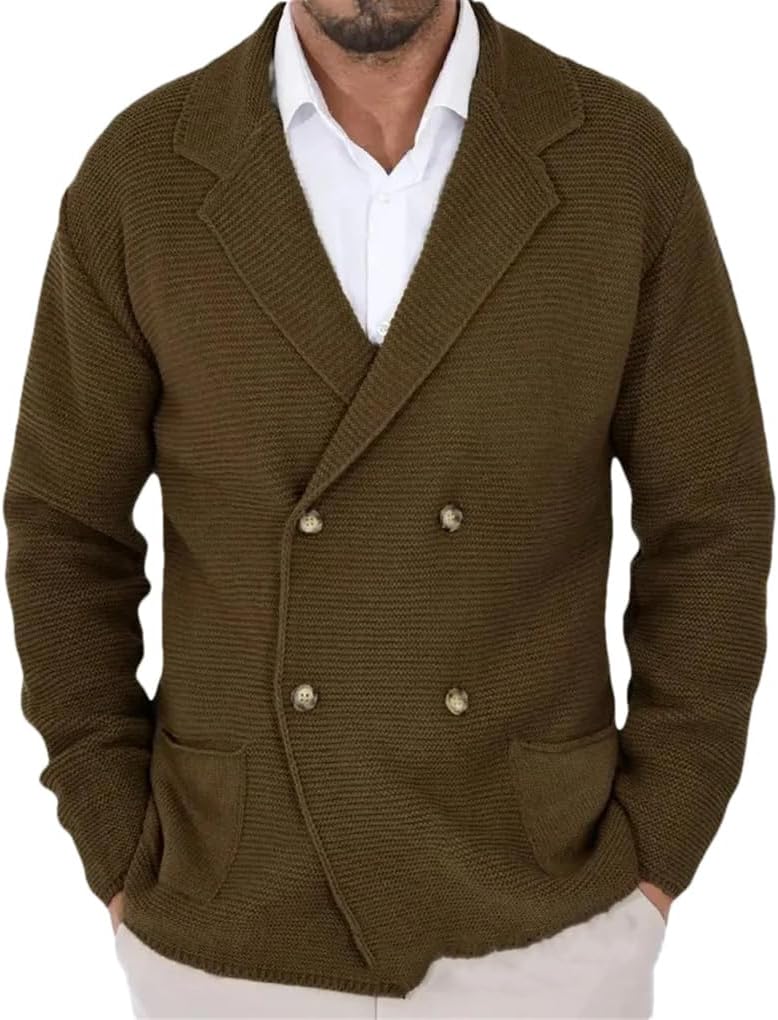 Men's Collar Double Breasted Slim Knit Cardigan Sweater Solid Color Casual Loose Business Knit Cardigan Jacket
