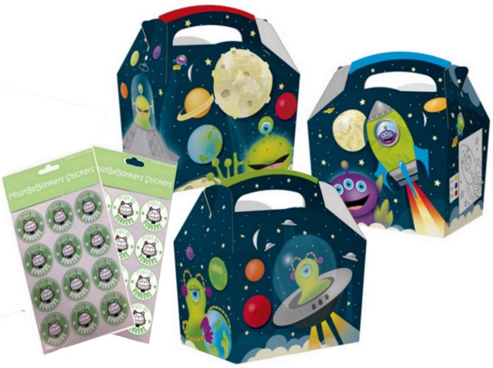 mbb Happy Space Alien Party Loot Boxes Rocket Galaxy Birthday Meal Box Food Plate CP With Seal Stickers (10 Boxes)