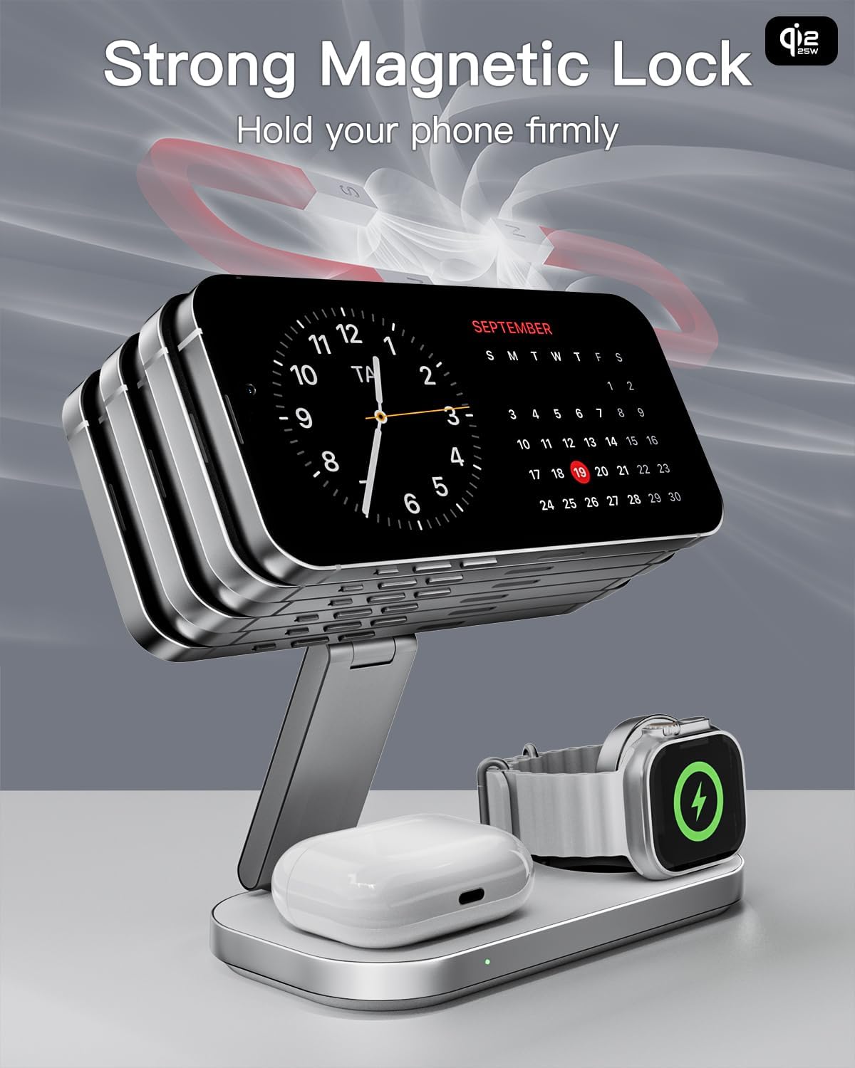 3-in-1 Charging Station for Apple Device, Qi2 25W Certified Magnetic Wireless Foldable Fast Charger Stand Compatible with MagSafe for iPhone 17e/17/16/15/14/13/12/Air Series, Apple Watch & AirPods