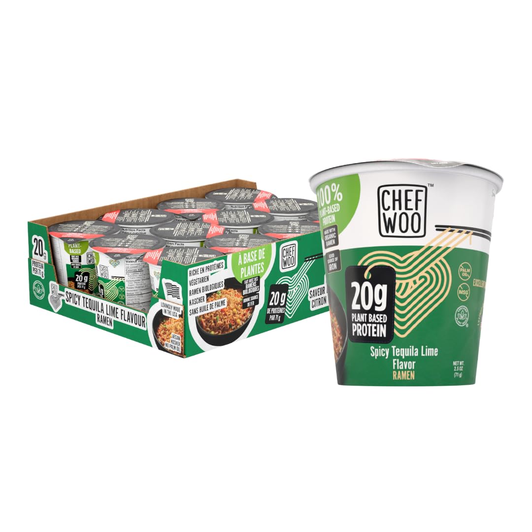 CHEF WOO Spicy Tequila Lime Ramen Cup High Protein Noodles (12 PACK), 20g of Animal-free, Bioavailable Protein | Made in U.S. |