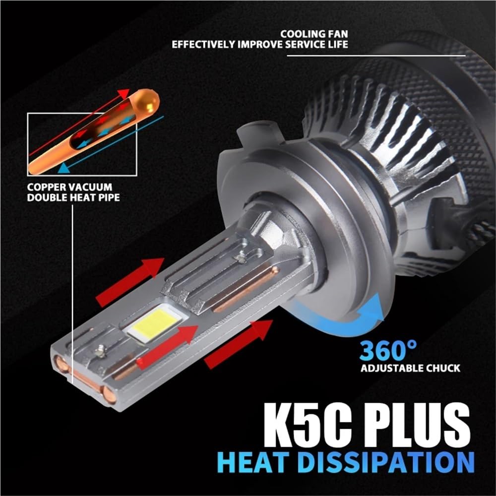 Bombilla LED for faros delanteros de coche, 140 W, K5C PLUS, H7, H11, H1, H4, 4300 K, LED HB3, HB4, doble tubo de cobre, kit de luces LED for coche, 12 V, 2 unidades(4300K White Yellow,9012(HIR2))
