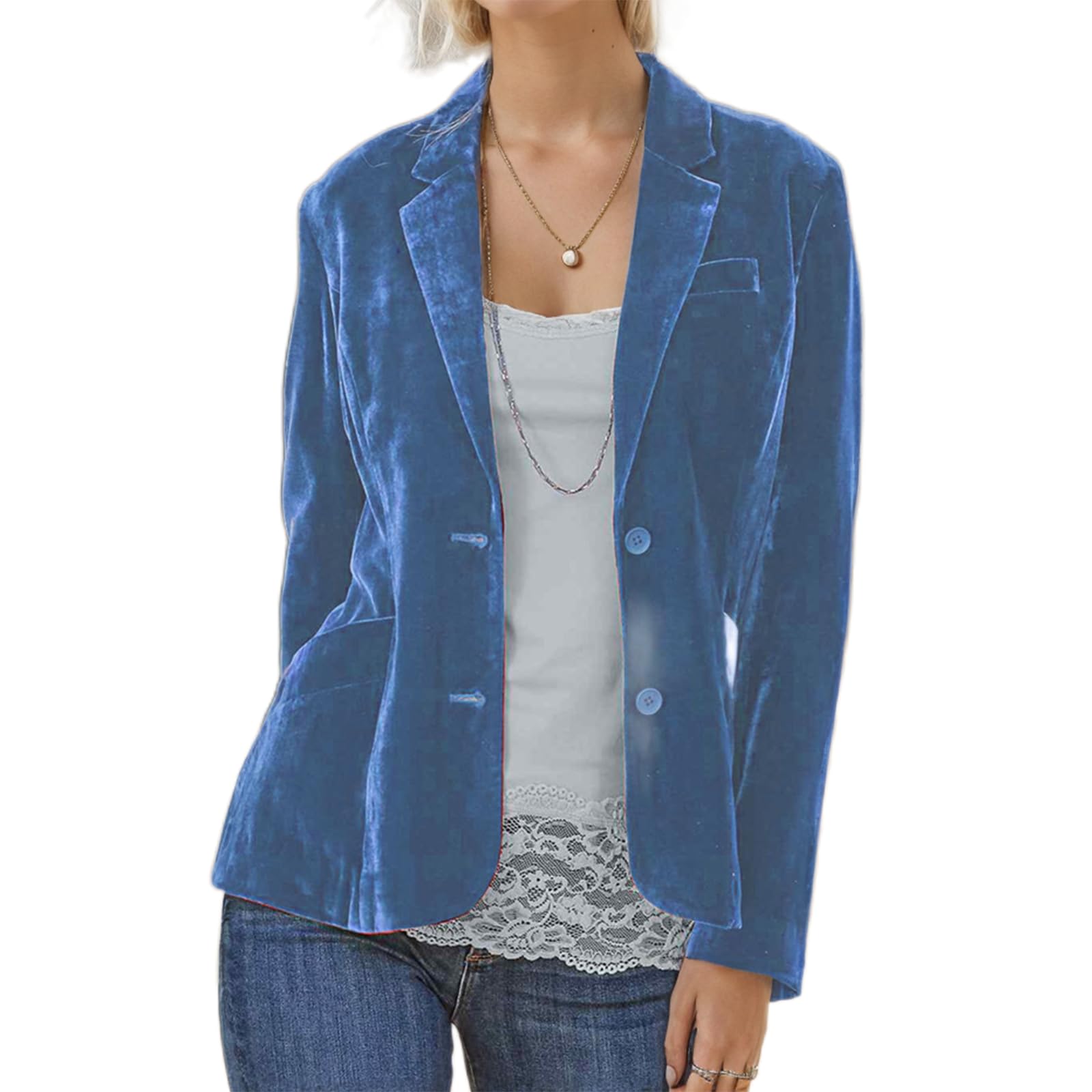 Velvet Blazers Jackets for Women Business Long Sleeve V Neck Notched Lapel Button Front Lightweight Blazer with Pockets