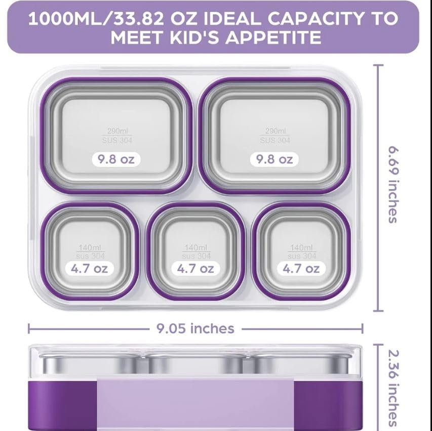 SCHOLARLY Bento Style Lunch Box for Adult Kids Portable Snacks Box with Bag Stainless Steel 5 Compartments Sealed Leakproof Containers for Office, School Use (Multicolor) - Image 3