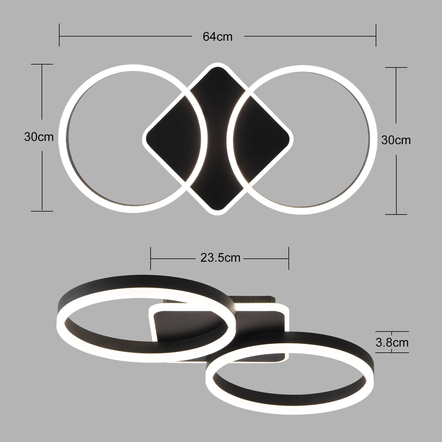 Lampa Sufitowa LED Ściemniania do Salonu Czarna 42W 65cm | Lampa Sufitowa do Sypialni z Funkcją Pamięci, Nowoczesna Oświetlenie Sufitowe z 2 Pierścieniami o Średnicy z Pilotem APP