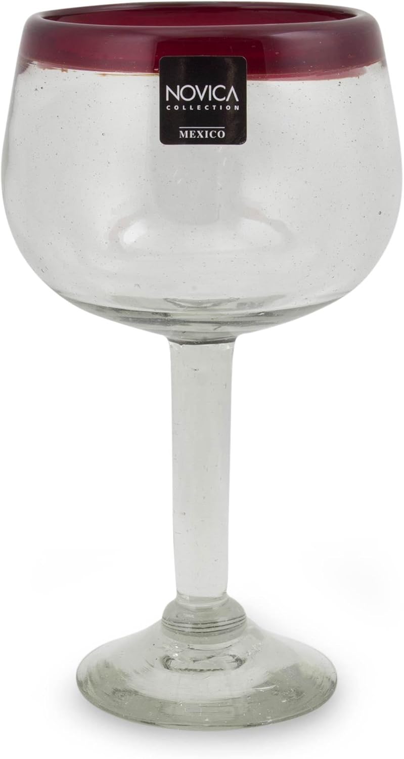 NOVICA Hand Blown Clear Red Recycled Glass Wine Glasses, 12 Oz 'Ruby Globe' (Set Of 4)