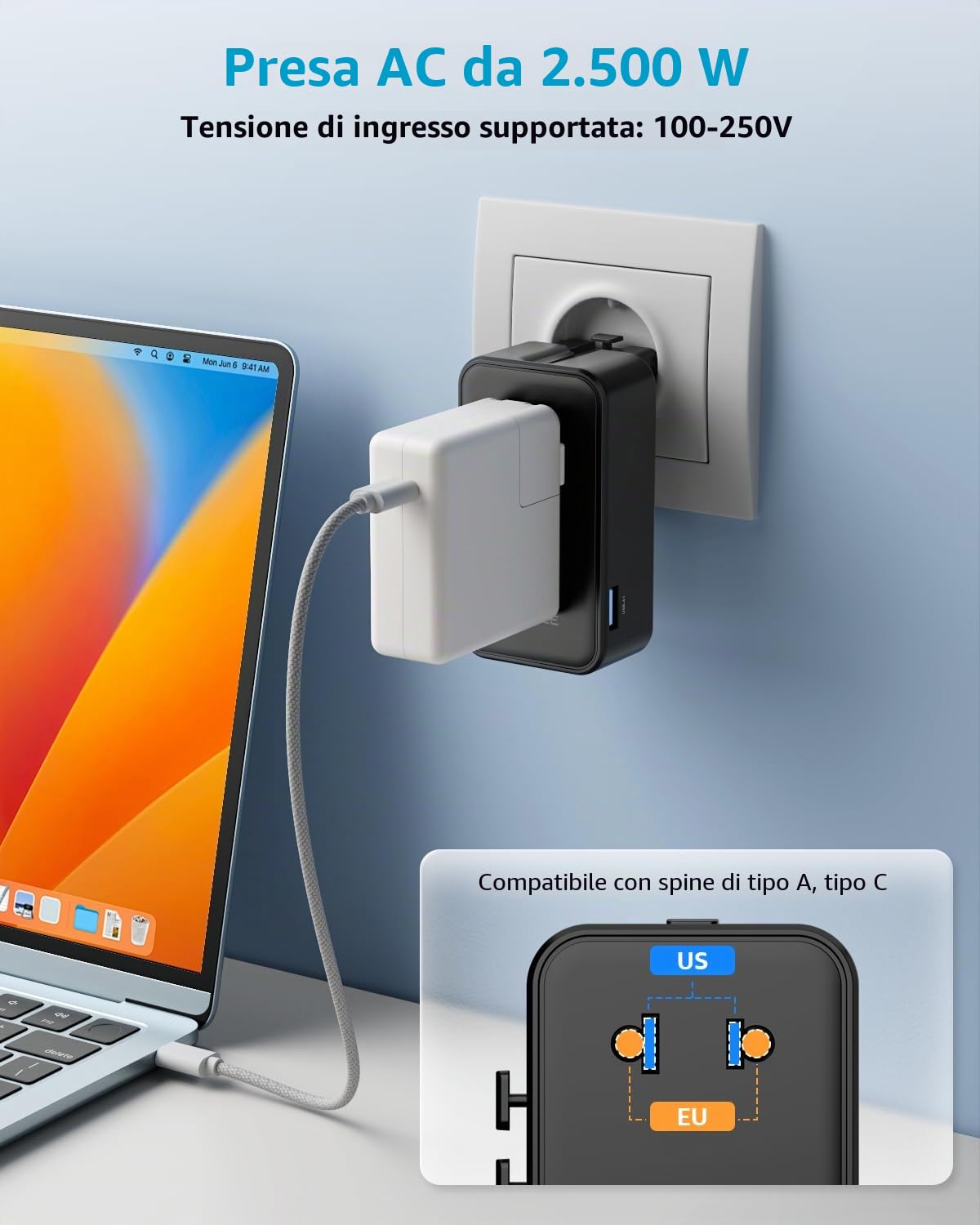 “Air” Adattatore Universale da Viaggio con 3 USB-C(GaN 70W)＆ 1 USB-A | Presa Universale da Viaggio, NON è Un Convertitore di Tensione, per UE/Regno Unito/Stati Uniti/Australia e 200+ Paesi(nero)