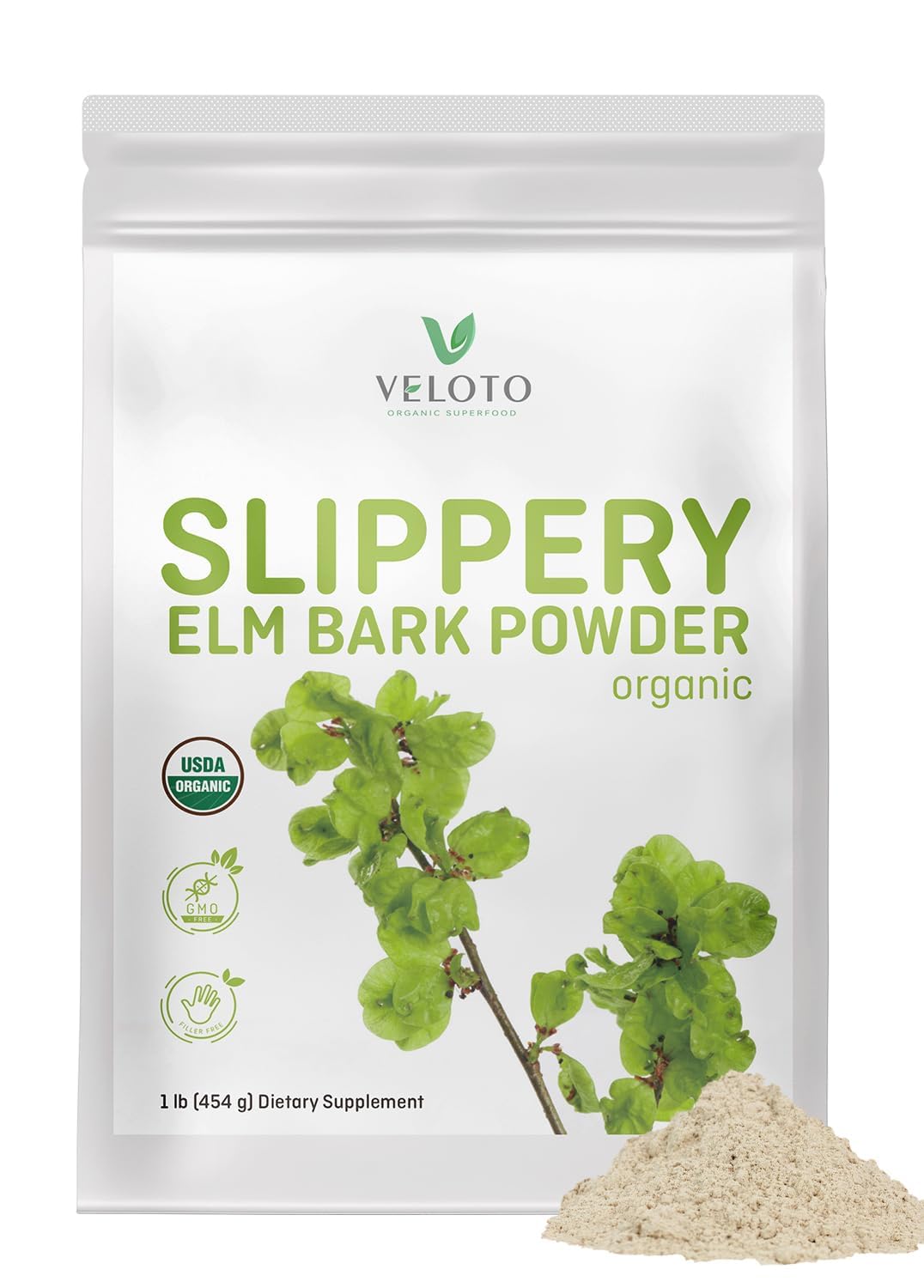 VELOTO Organic Slippery Elm Bark Powder, 1 Pound, Pure Inner Bark Powder slippery elm inner bark powder 16 Ounce (Pack of 1)