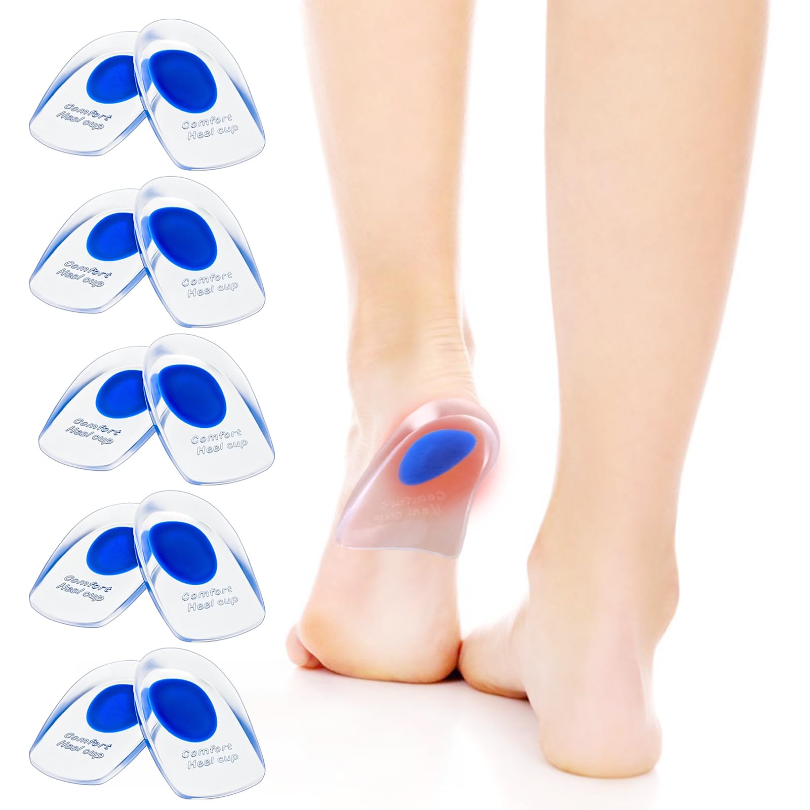 Taloneras Silicona, 5 pares Almohadillas de Gel para Talones Azul, Reducir los Golpes, Aliviar el Dolor Suave, Plantillas Talon para Fascitis Plantar, Espolon Calcaneo, Tendinitis (L)
