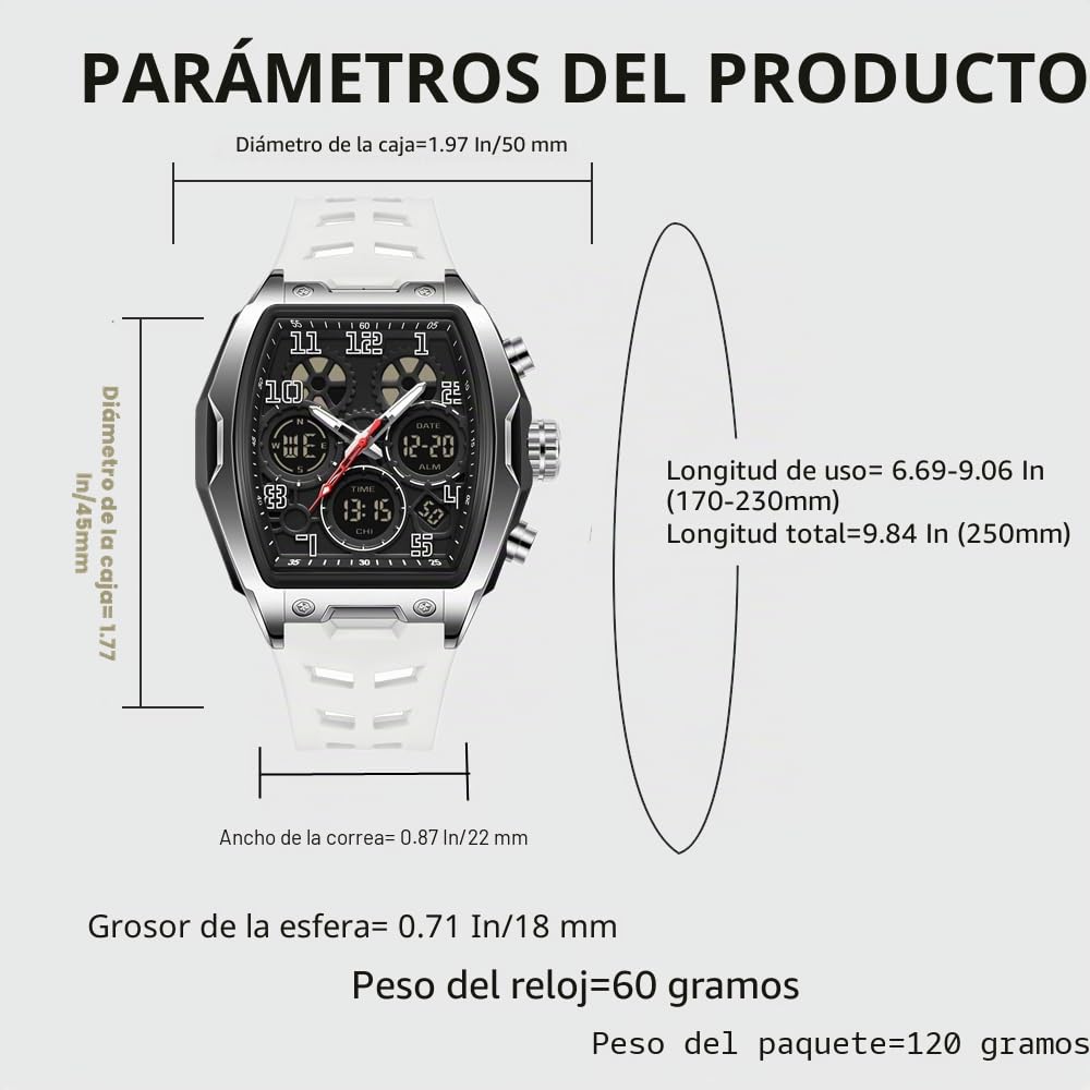Hombre Relojes para Hombre Rectángulo Unico Reloj Militar Digital Analógico Deportes Reloj de Pulsera con Alarma, Cronómetro,Cuenta Atrás,Cada Hora Chime,Luminoso y Impermeable Multifunción