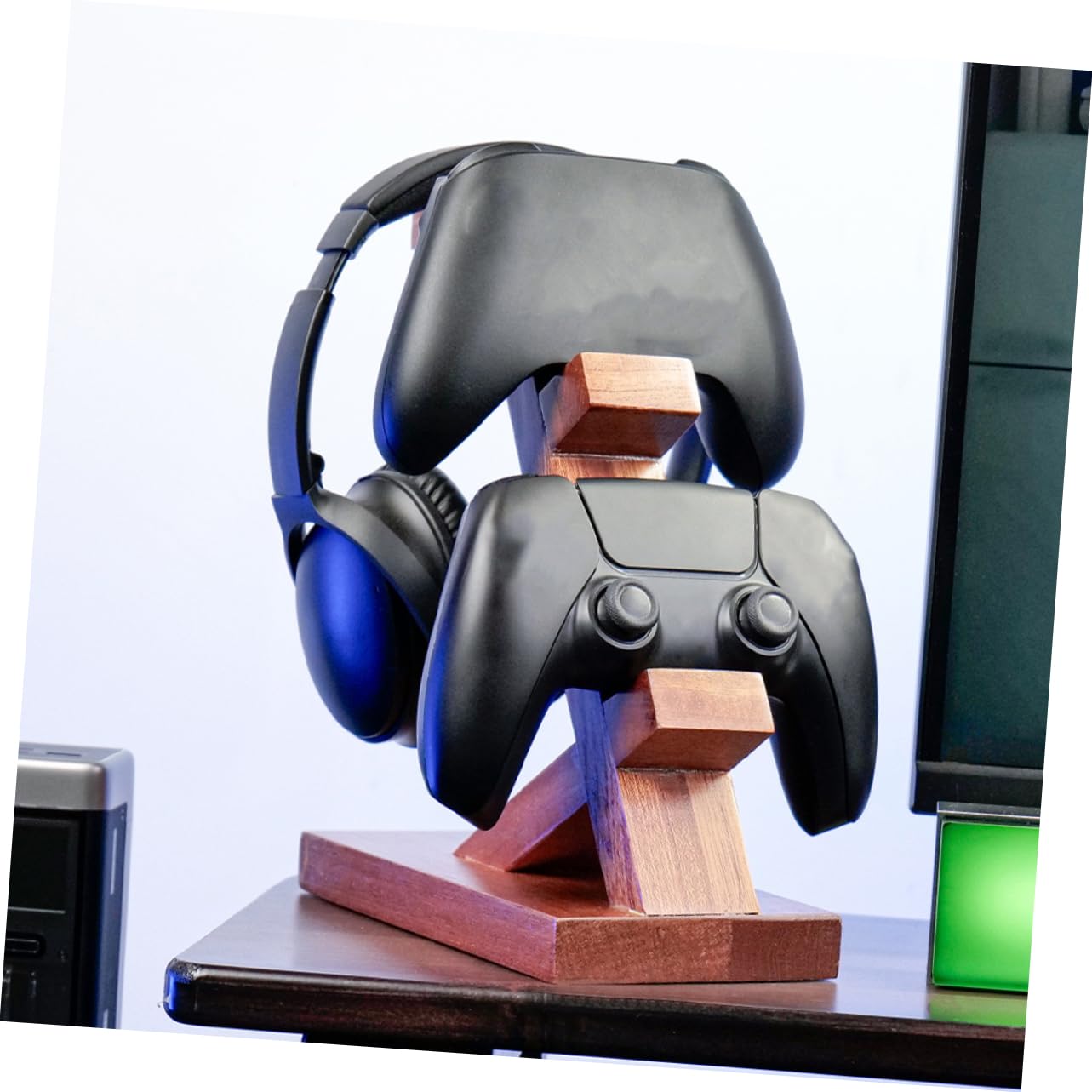 NUOBESTY Soporte Simple Auriculares Juegos Controlador para de Barrón de Madera Marrón Diseño Elegante para Exhibición Almacenamiento en Área de Entretenimiento Gaming