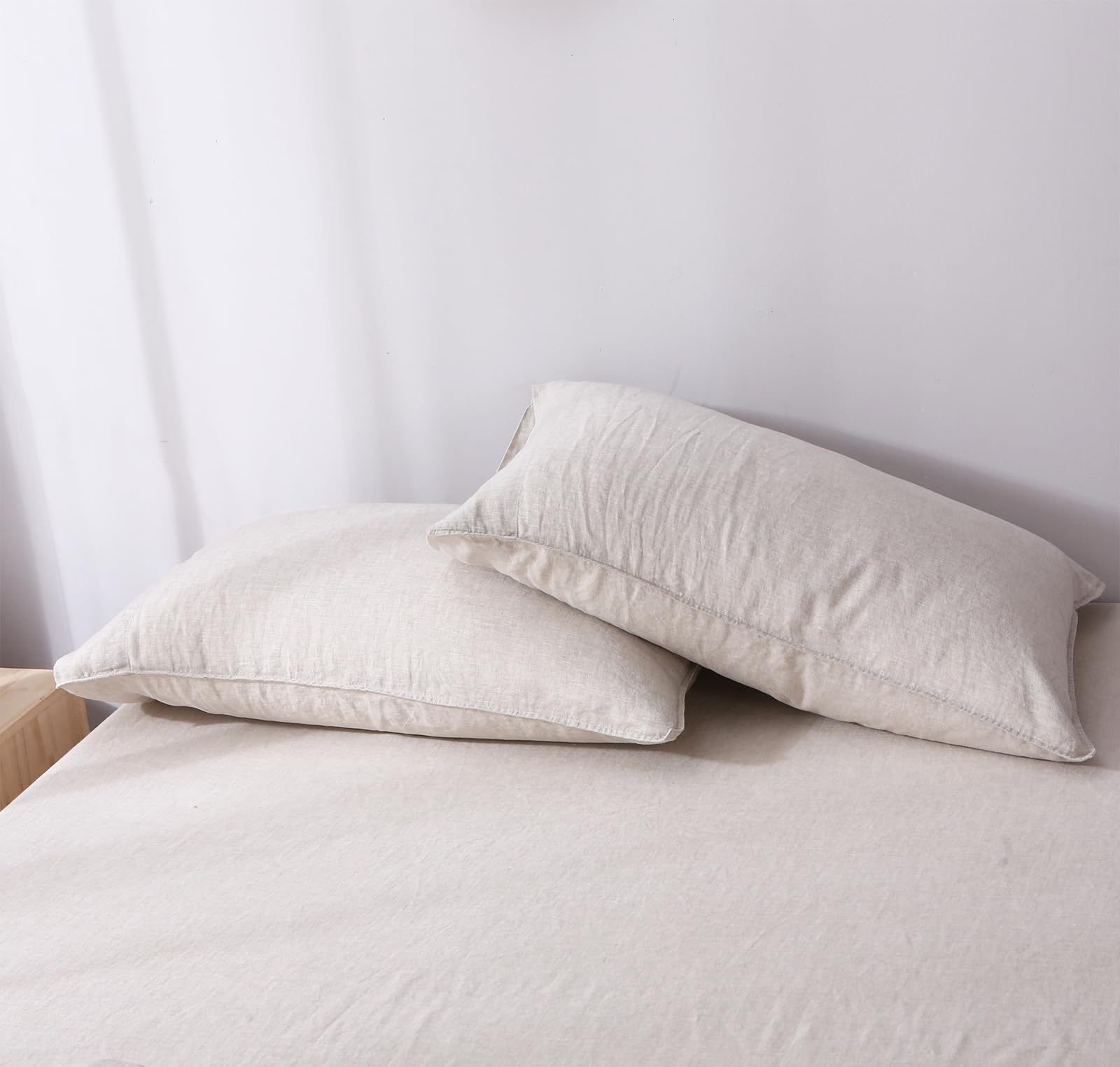 Lot De 2 Taies D'Oreiller En Lin Français Naturel - 100% Lin, Rayé Beige - 50x100 Cm - Respirables, Fermeture à Rabat