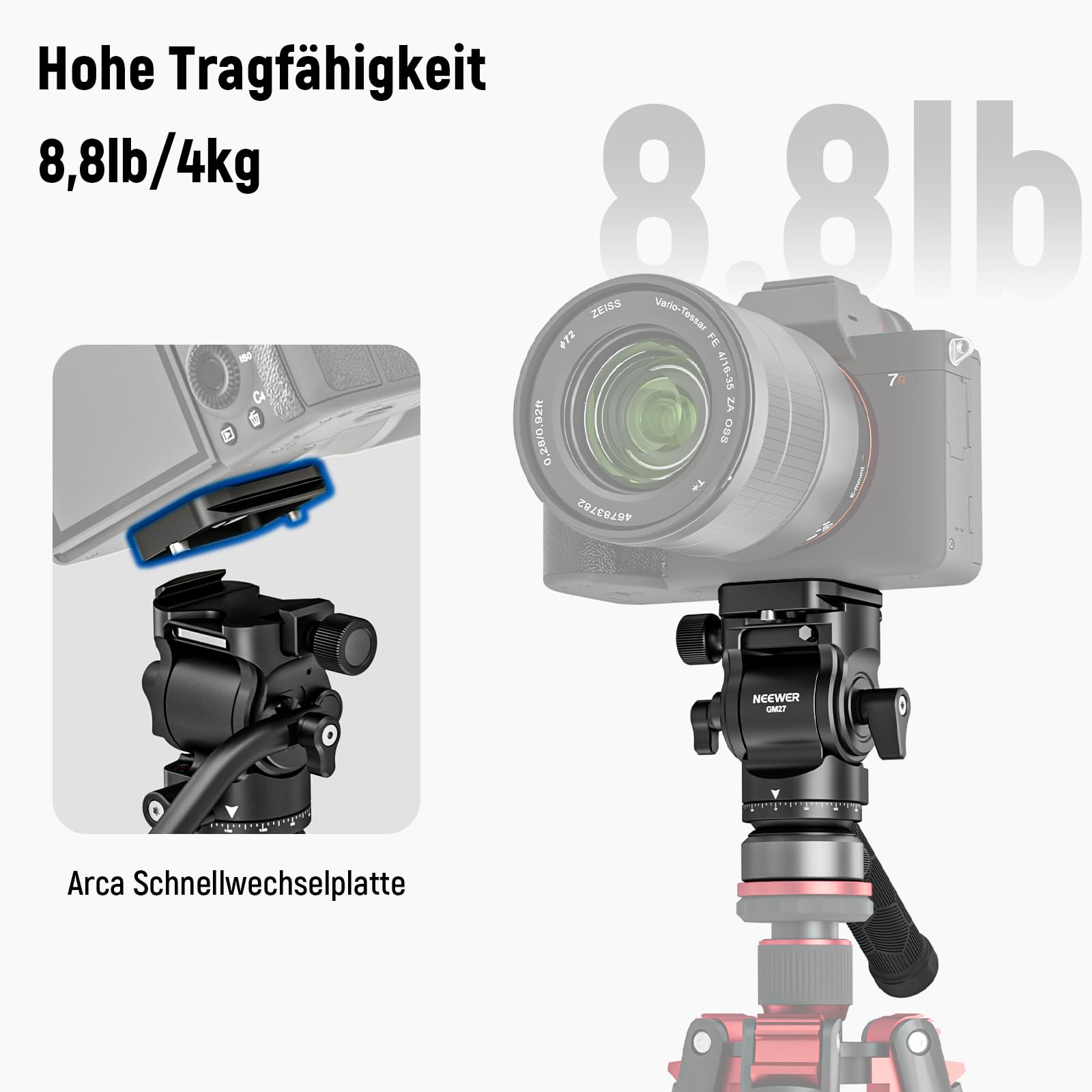 NEEWER Stativ Fluidkopf mit +/-10° Nivellierbasis, Metall Drag Pan Tilt Kopfhalterung mit Arca Typ Schnellwechselplatte, Teleskopgriff, Reinigungstuch für kompakte DSLR Kamera/Cam, max. Last 4kg, GM27