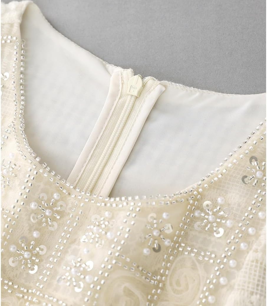 JSEIAJB Nail Diamond Round Neck Embroidered Patchwork Loose Flesh Covering and Slimming Dress for Women(L) Beige