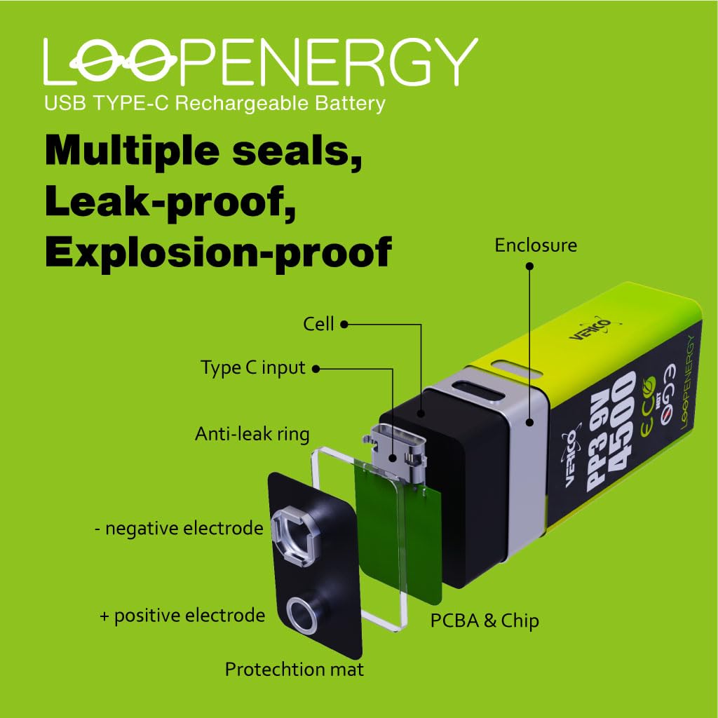 VERICO LoopEnergy - Confezione da 4 blocchi da 9 V, PP3, 4500 mWh, batterie ricaricabili USB-C agli ioni di litio, 2 cavi di ricarica USB tipo A a 2 tipi C