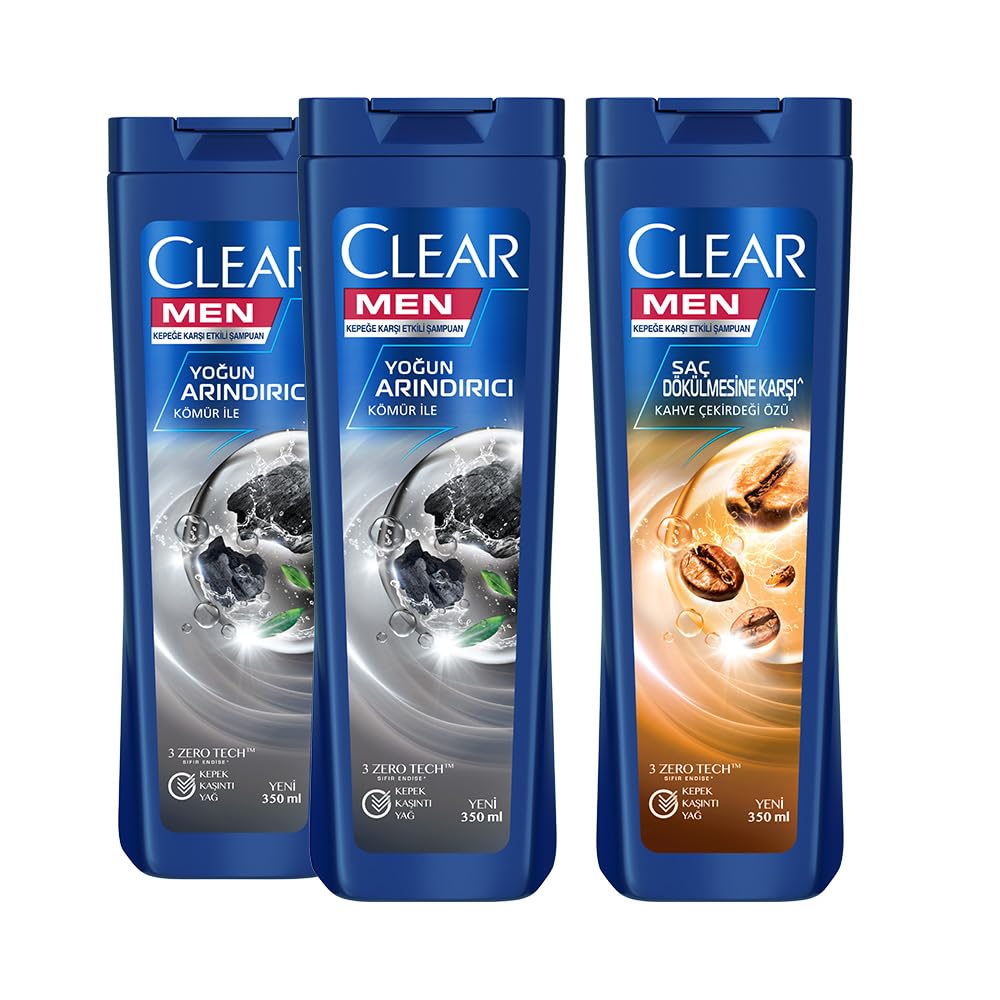 Clear Men Yoğun Arındırıcı Kömür Kepeğe Karşı Etkili Şampuan 350 ml X2 + Clear Men Saç Dökülmesine Karşı Kahve Çekirdeği Özlü Kepeğe Karşı Etkili Şampuan 350 ml