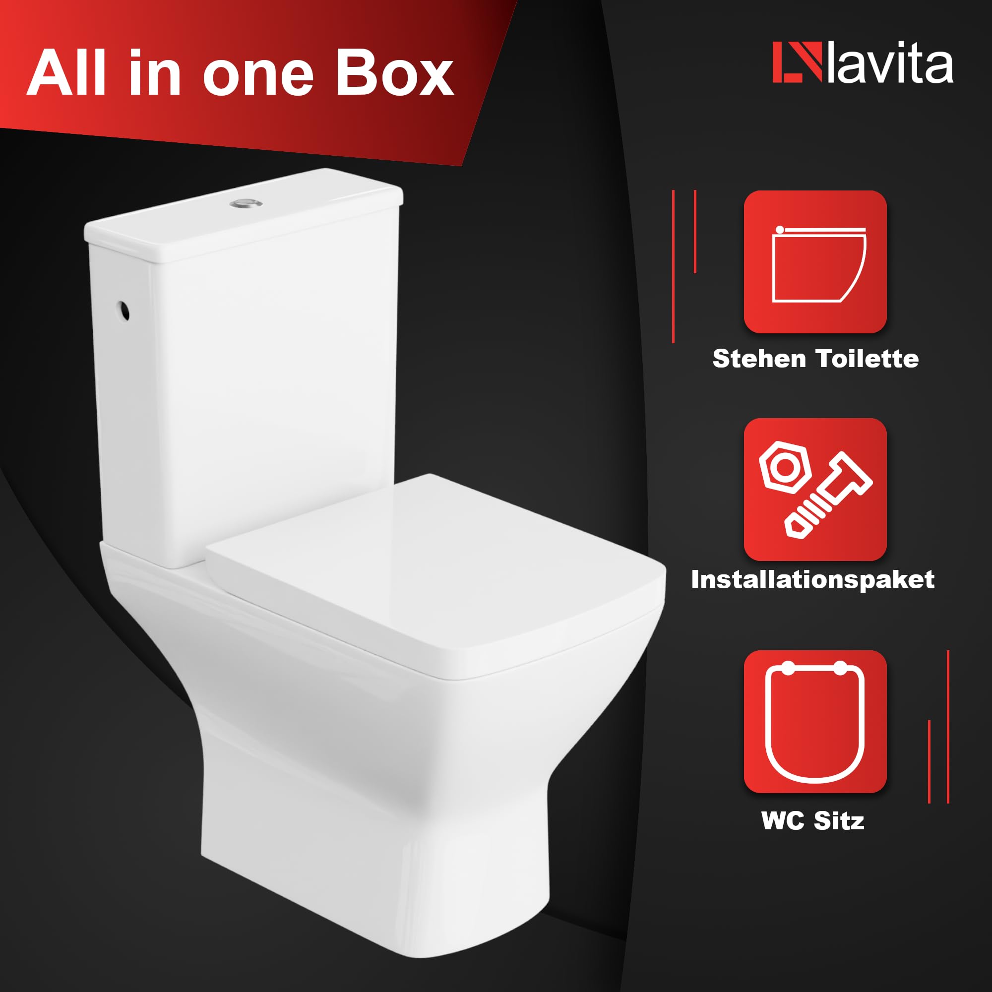 LAVITA WC a pavimento monopezzo con cassetta di risciacquo incorporata, coperchio WC con abbassamento automatico in ceramica, senza bordi