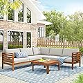 Ziraukon Patio Conversation Set with Coffee Table and Soft Cushions, Outdoor Acacia Wood Sofa Set, Wood Structure Furniture Sectional Sofa Set, Patio Sectional Seating Group, Water-Resistant, Beige