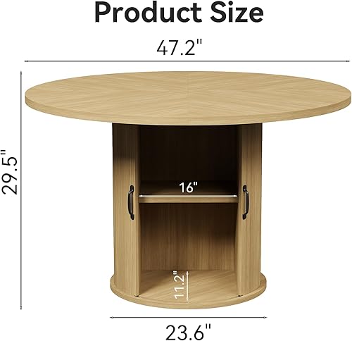 Vista 2 de Mesa de comedor redonda de 47 pulgadas para 4, moderna mesa circular acanalada con almacenamiento de 2 capas y puerta corrediza, mesas de comedor