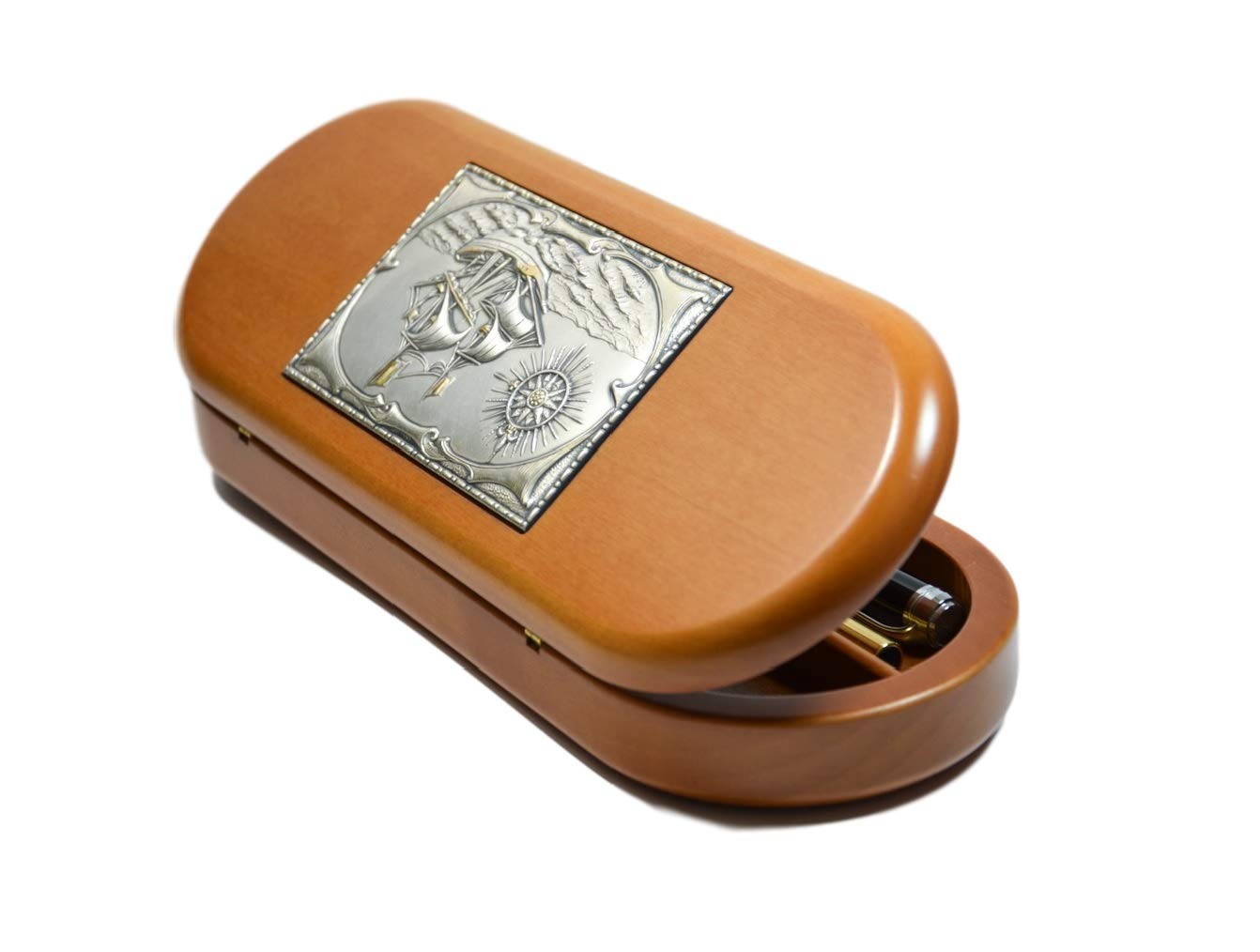 Acca Cofanetto Scatola Porta Penne portaoggetti da scrivania in Legno Artigianale con Scultura in Argento 925
