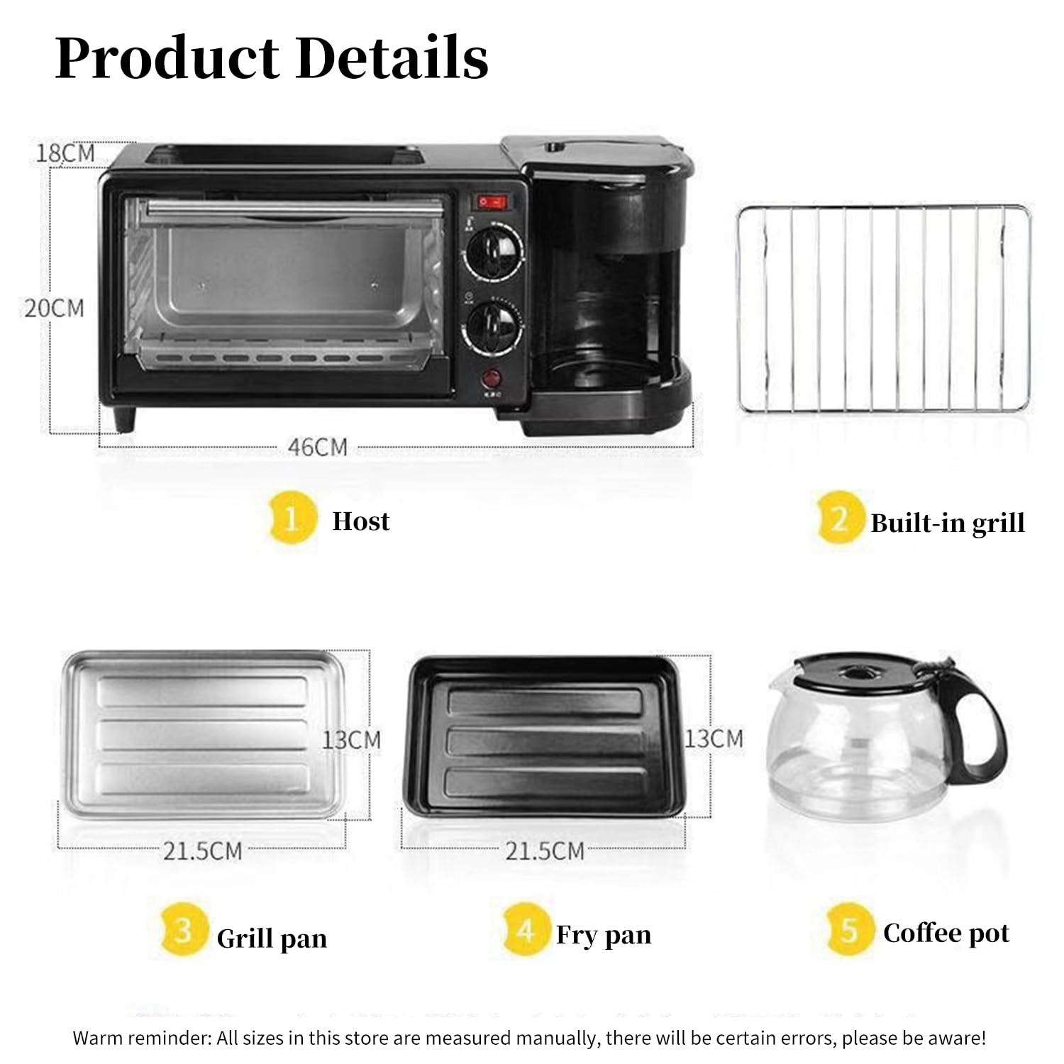 Multifunktions-Frühstückszubereiter 3-in-1, Elektrisch – Bratpfanne, Mini-Ofen & Kaffeemaschine, Antihaft, 30-Minuten-Timer, 100–230°C, Ideal für Kuchen, Sandwiches, Steaks & Frühstück