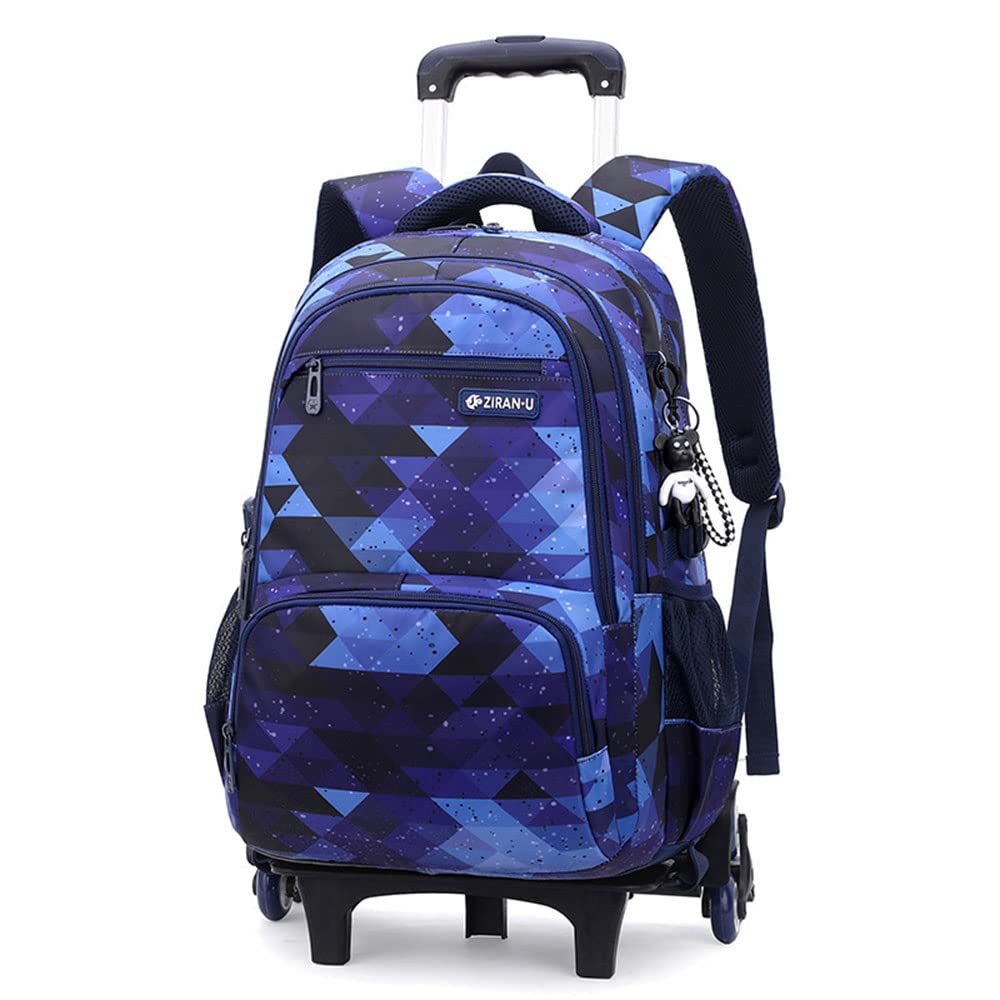 Rolling Travel Backpack Kids Trolley Luggage Bag Primary Junior High School Students Bag with Wheels Girls Boys Large Capacity Wheeled Laptop Bag for Unisex Kids Adults (5143#-Blue Rhombus)