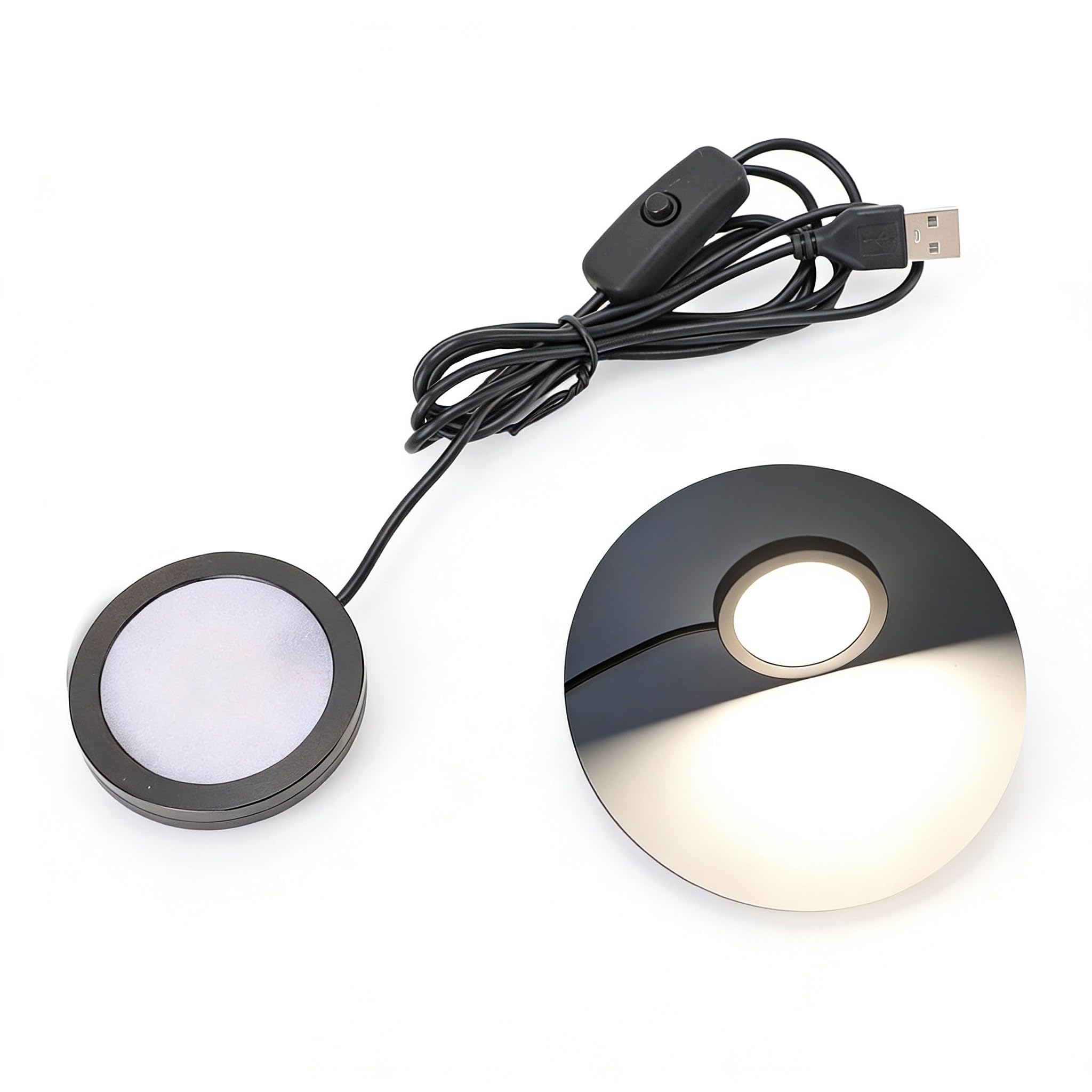 Round LED Puck Lights 5V USB Powered, DIY Shelf Light for Kitchen, Plug in Under Cabinet Lighting for Wardrobe Showcase, Aluminum Housing