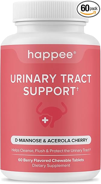 Happee Urinary Tract Health Supplement for Women & Men – Fast-Acting UTI Relief and Prevention, 500mg D-Mannose & Antioxidants, Supports Kidney and Bladder Health, Berry Flavor, 60 Chewables